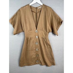 Reformation Ty Minidress Women Size 2 Tan Linen V-Neck Minimalist Coastal Boho